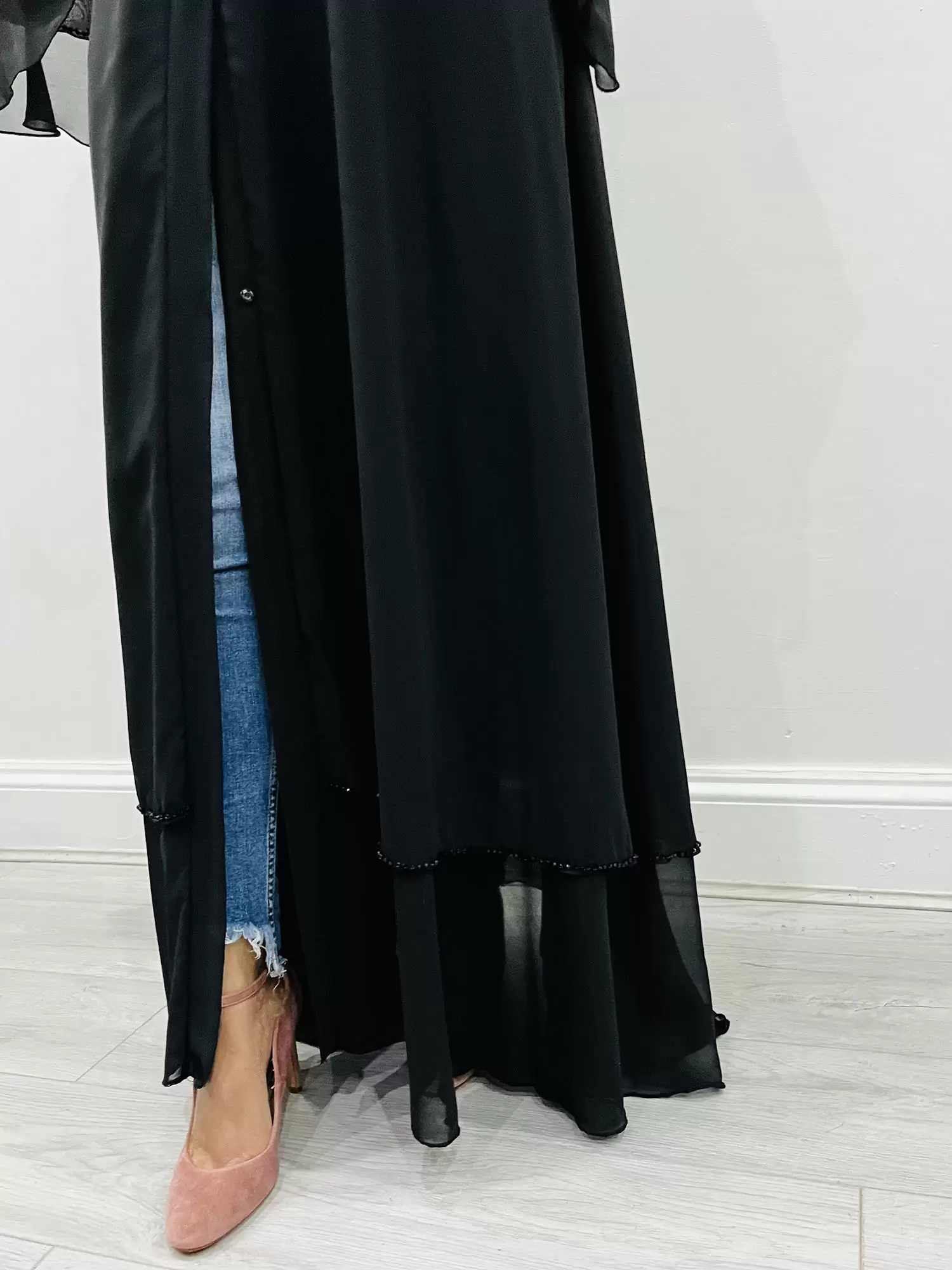 AMANI'S CHIFFON BLACK ON BLACK LAYERED OPEN ABAYA 1