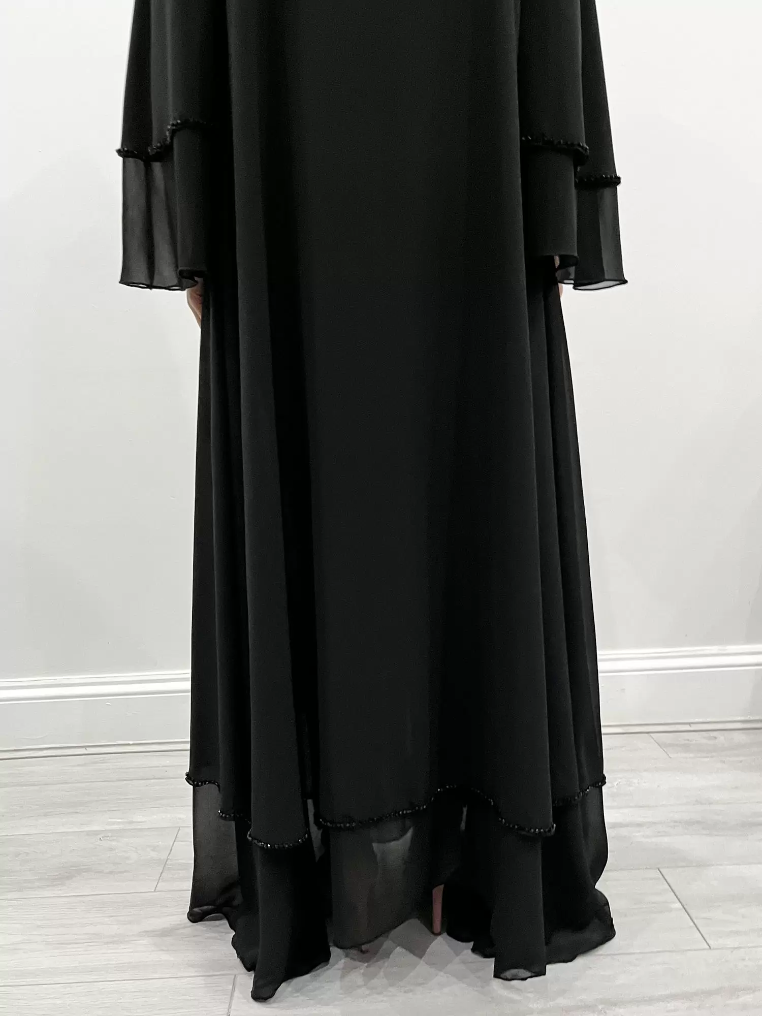AMANI'S CHIFFON BLACK ON BLACK LAYERED OPEN ABAYA 1