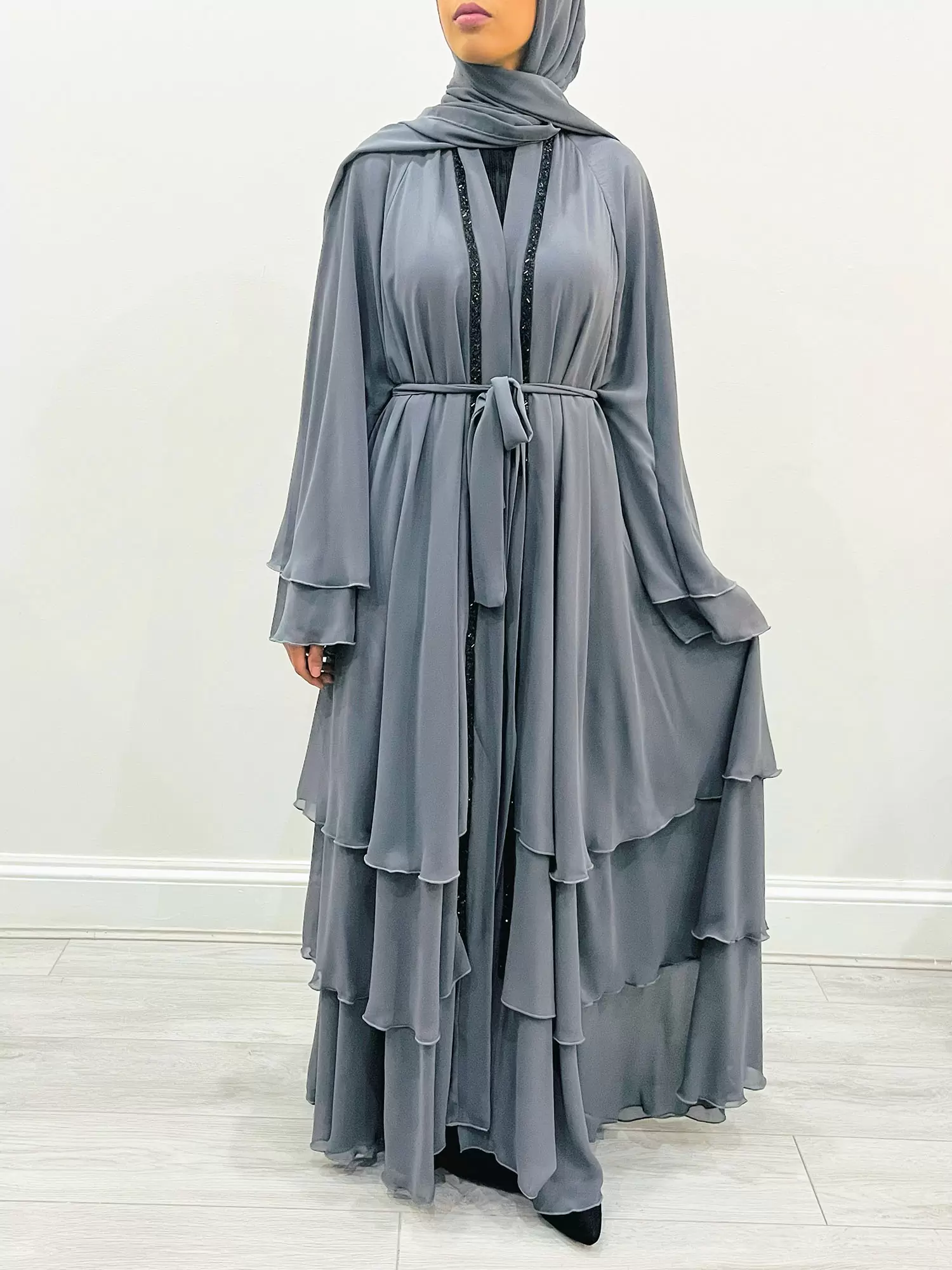 AMANI'S DOLPHIN GRAY CHIFFON LAYERED EMBELLISHED OPEN ABAYA 1