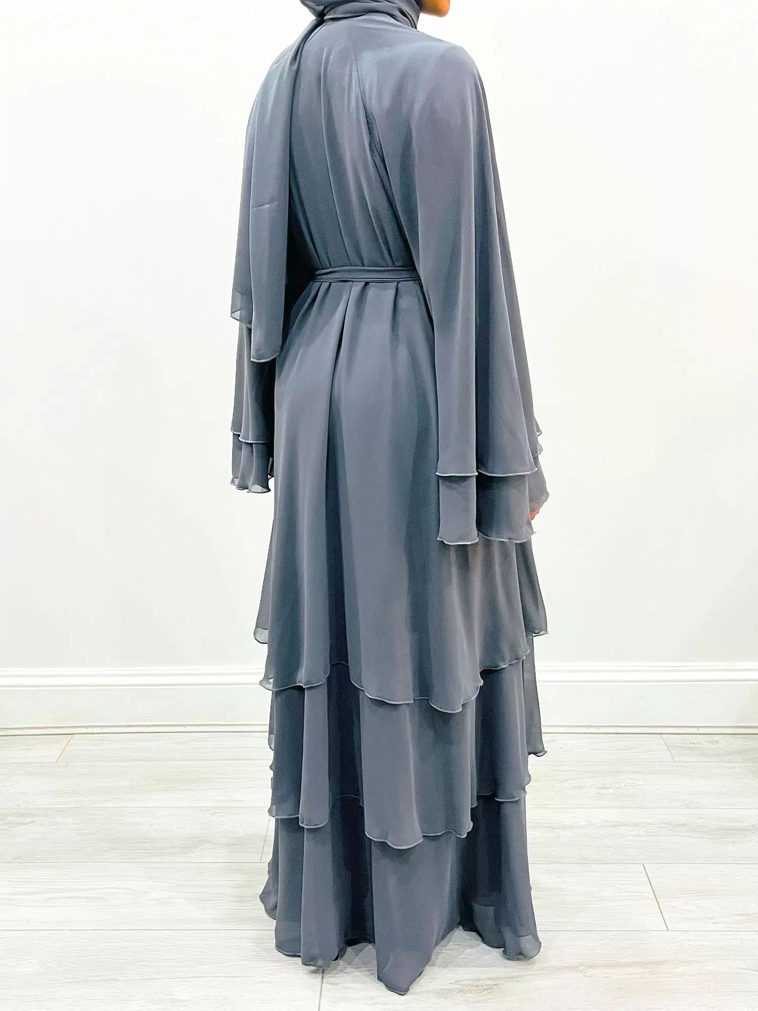 AMANI'S DOLPHIN GRAY CHIFFON LAYERED EMBELLISHED OPEN ABAYA 1
