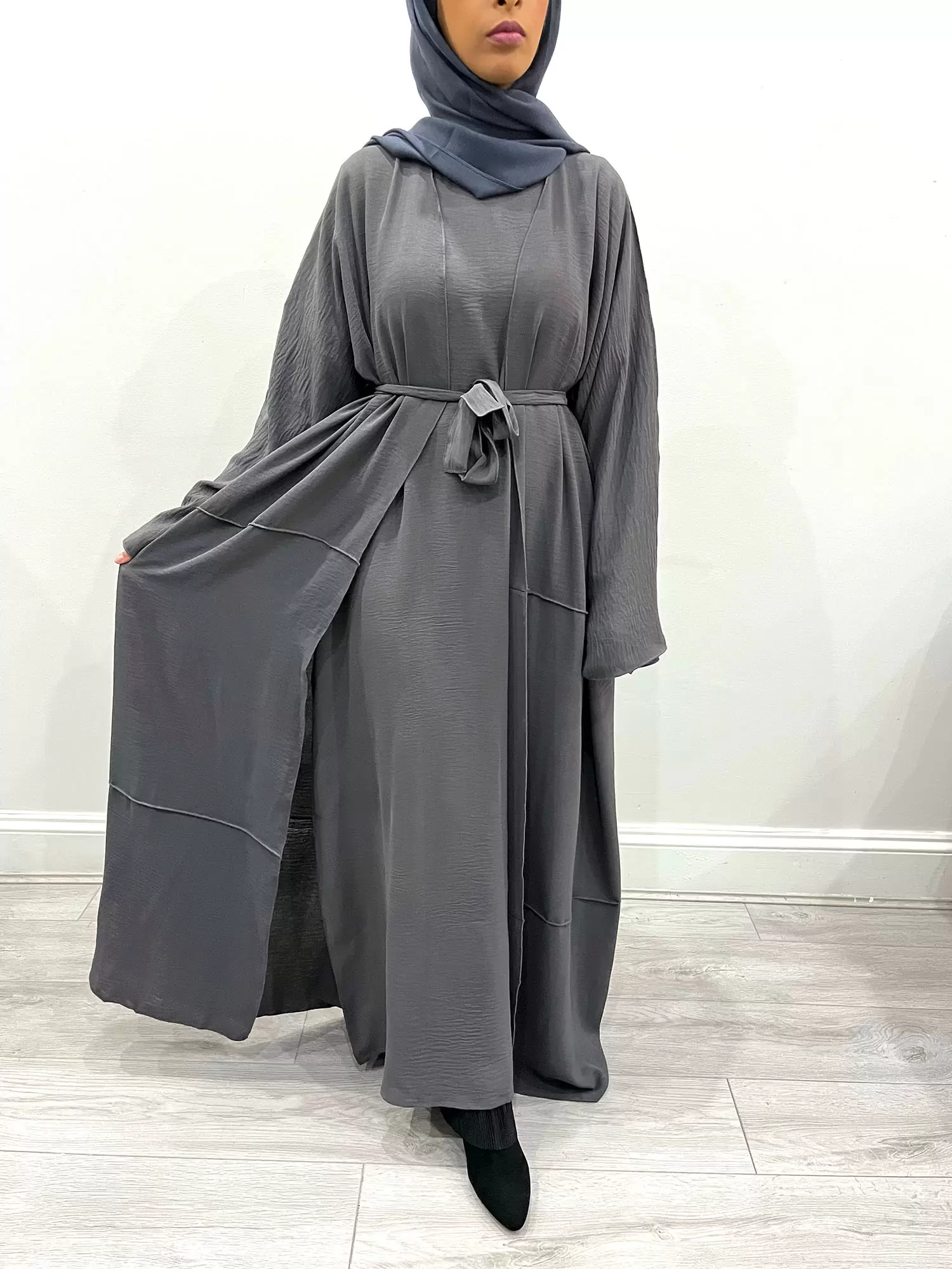 AMANI'S PIGEON GRAY TWO-PIECE OPEN ABAYA 1