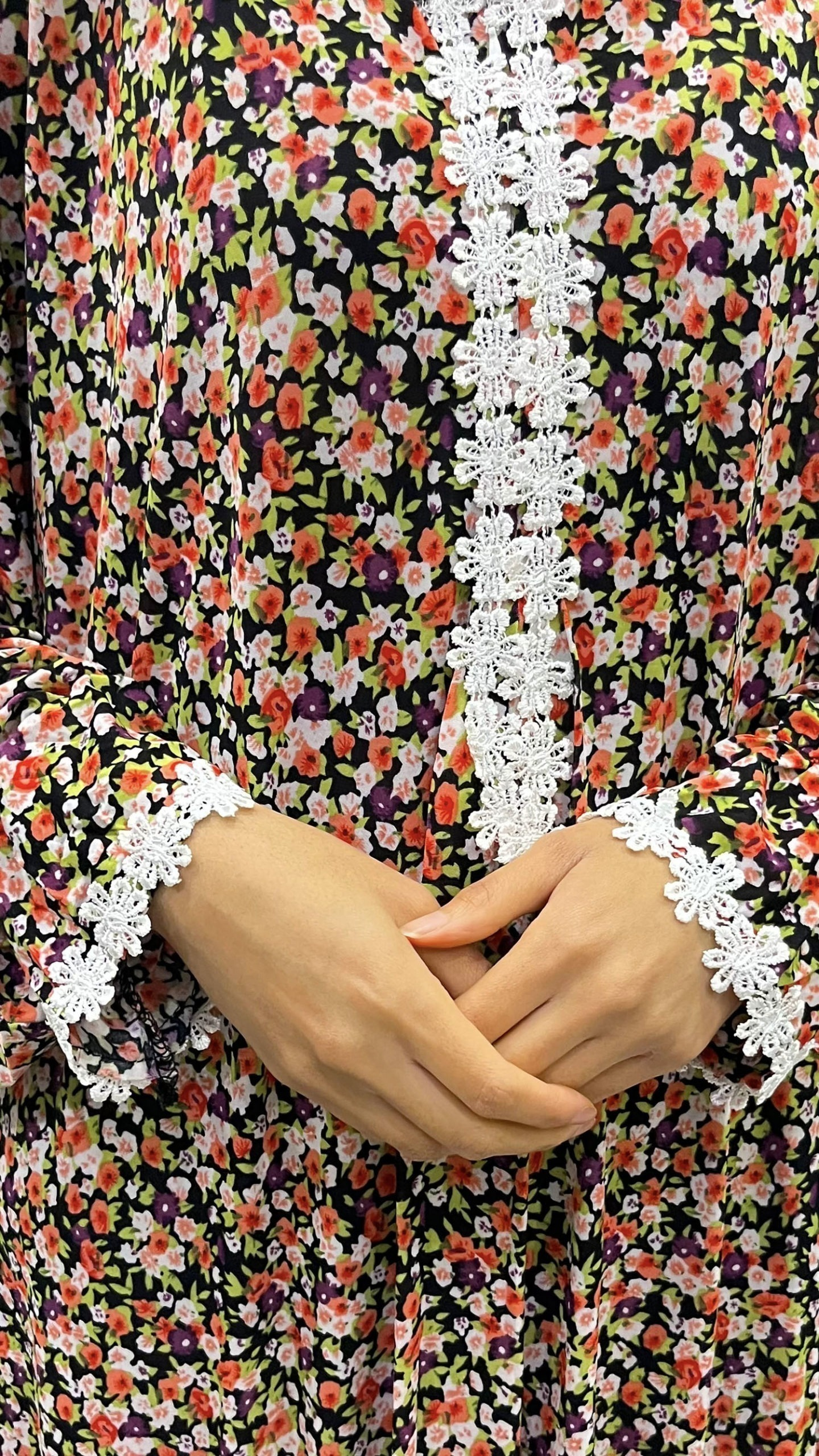 ONE PIECE LACE TRIM FLORAL JERSEY STRETCH ISLAMIC PRAYER DRESS - SUMMER 1